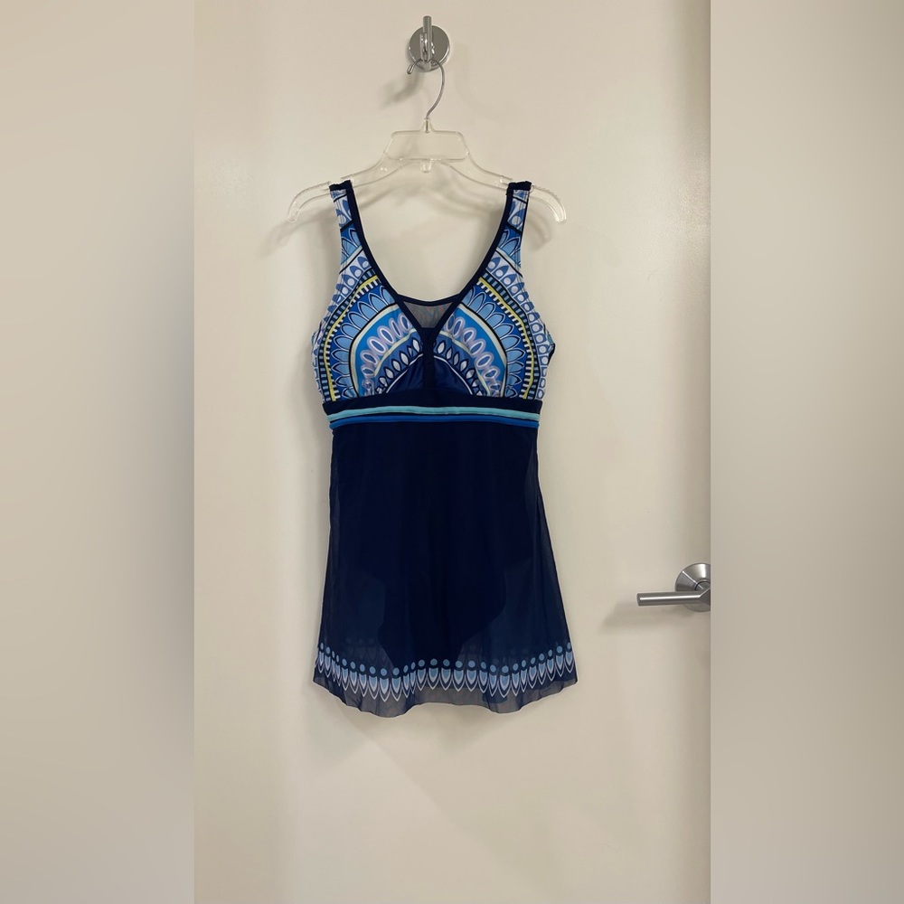 Women’s Swimdress One Piece Swimsuit Tummy Control Mesh Skirt Blue - Size Small - Picture 4 of 10